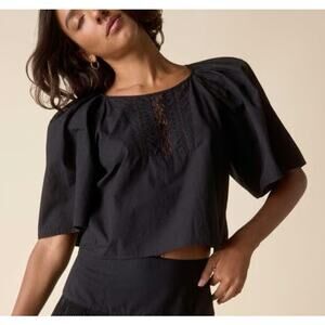 St. Roche Womens Short Sleeve Crop Black Top w/ Embroidered Detail, Size 10, NWT